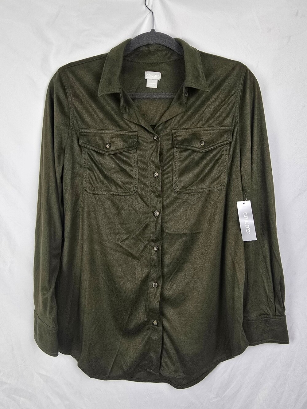 Chico's Suede Shirt Amber Olive Minimalist Safari Tunic Top sz 1 (8/10) NWT